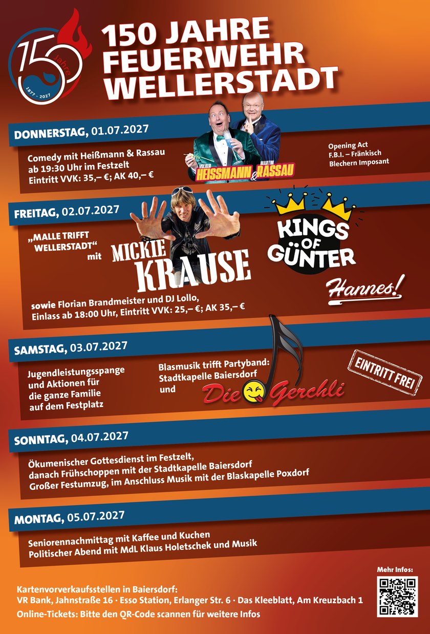 Festplakat: 150 Jahre Feuerwehr Wellerstadt, 01. bis 05. Juli 2027, mit allen Programmpunkten, Eintrittspreisen und Vorverkaufsstellen
